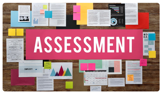 The word 'Assessment' displayed among scattered notes, sticky papers, and charts